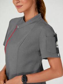 TaskEZ Women's Summer Contrast Piping Patch Pocket Short Sleeve Work Uniform - Grey - View 3