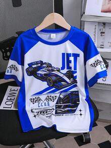 Tween Boy Colorblock Letter & Cartoon Print Crew Neck Short Sleeve T-Shirt - Blue - View 3