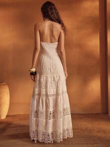 MOTF PREMIUM WOMEN'S COTTON BLEND EMBROIDERED LACE PATCHWORK DRESS, SUITABLE FOR VACATION, SPRING/SUMMER - White - View 4