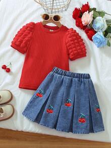 Elladie kids 女童红色圆领短袖T恤和樱桃印花牛仔裙套装 - 紅色 - 查看 4