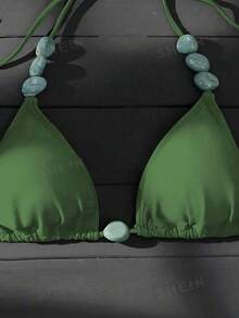 Swim Vcay Women's Summer Beach Halter Tie Jade Marble Green Patterned Decor, Beach, Pool, Casual Party, Vacation, Spring/Summer Bikini Set - Army Green - View 6