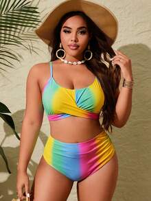 Slaydiva Conjunto de tankini de traje de baño con pliegues cruzados en degradado de talla grande - Multicolor - Ver 5
