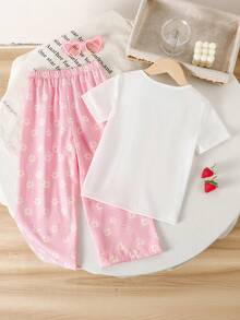 SHEIN Playful Pals 2件組小女孩夏季7歲生日套裝，甜美蝴蝶結短袖T恤搭配雛菊格紋長褲，適合嬰幼兒的可愛休閒穿搭 - 粉色 - 查看 2