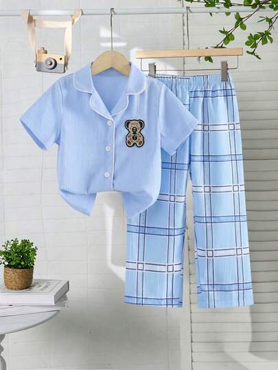 2pcs/Set Toddler Boys' Blue Plaid Comfortable Casual Pants And Short Sleeve Cardigan Set, Embroidered Bear Patch On Top, Loungewear
