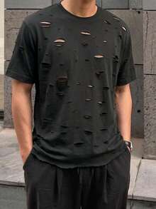 DAZY 男士黑色短版做舊設計街頭風夏季T恤 - 黑色 - 查看 5