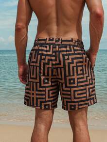 Manfinity Swimmode Celana Pendek Pria Kasual Elegan Motif Geometris dengan Tali Serut di Pinggang untuk Liburan Pantai, Warna Hitam, Cocok untuk Liburan Pasangan di Musim Panas, Tropis, Hawaii, dan Berenang. - Coffee Brown - View 6