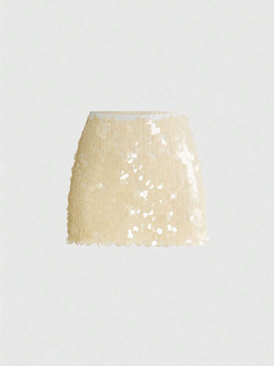 ROMWE Fairycore Plus Size Women Sequin Versatile Date Night Mini Skirt Fall - Beige - View 1