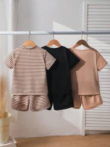 SHEIN 3pcs/Set Boys' Summer Casual Vacation & Daily Wear Solid Color & Striped Print Short Sleeve T-Shirt And Shorts Set - Multicolor - View 2
