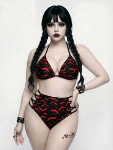 ROMWE Goth 大码女式两件套随机红色蝙蝠印花时尚度假日常休闲性感三角杯高腰三角裤抽绳挂脖开衩比基尼套装 - 黑色 - 查看 4