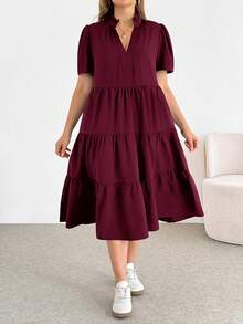 Shapeblank Đầm midi ngắn tay màu đen cơ bản, thoải mái, rộng rãi, đa năng dành cho nữ cỡ lớn mùa xuân/hè, trang phục mùa hè, đầm có túi, đầm thanh lịch, đầm đen cơ bản. - Màu Đỏ Sâu - Xem 6