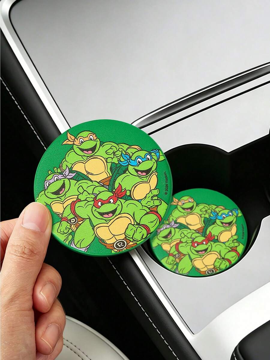 TEENAGE MUTANT NINJA TURTLES | SHEIN 2pc PU Leather Car Cup Holder Mat Set, Shockproof, Universal, Stylish Car Cup Holder Mat, Can Be Placed In Car Cup Holders, Car And Home Office Cup Mats,TMNT - A - View 1