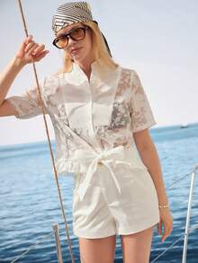 Zovinel Nueva blusa de verano de manga corta con cuello alto de organza y estampado jacquard, estilo francés - Blanco - Ver 7