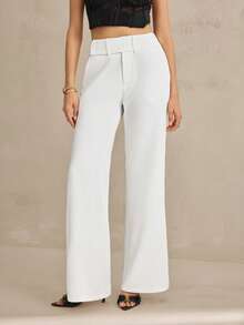 SHEIN Tall Women's Solid Color Pocket Flare Casual Elegant Pants, White Pant, Autumn, Clothes For Women, Tall Women Formal - White - View 1