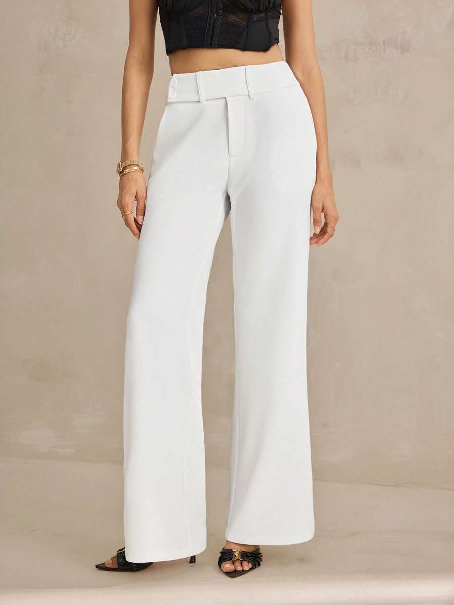 SHEIN Tall Women's Solid Color Pocket Flare Casual Elegant Pants, White Pant, Autumn, Clothes For Women, Tall Women Formal - White - View 1