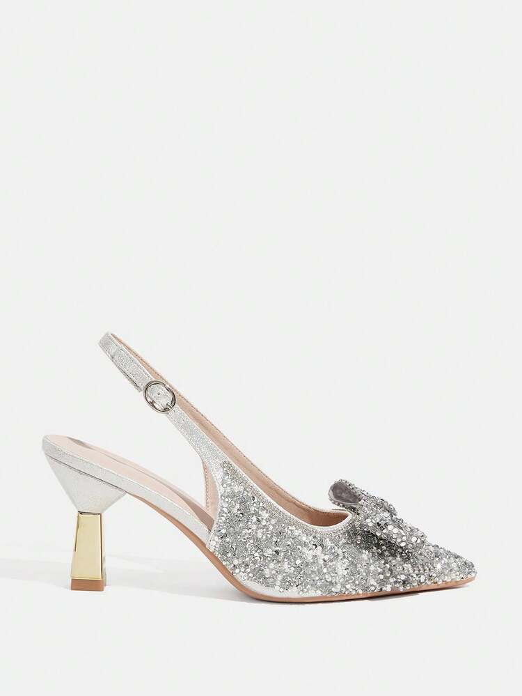CUCCOO TILAWA Summer Ladies Elegant Luxury Rhinestones Butterfly Back Empty Shoes Shopping Party Commuter Office Fashion Pointed Silver High Heels
