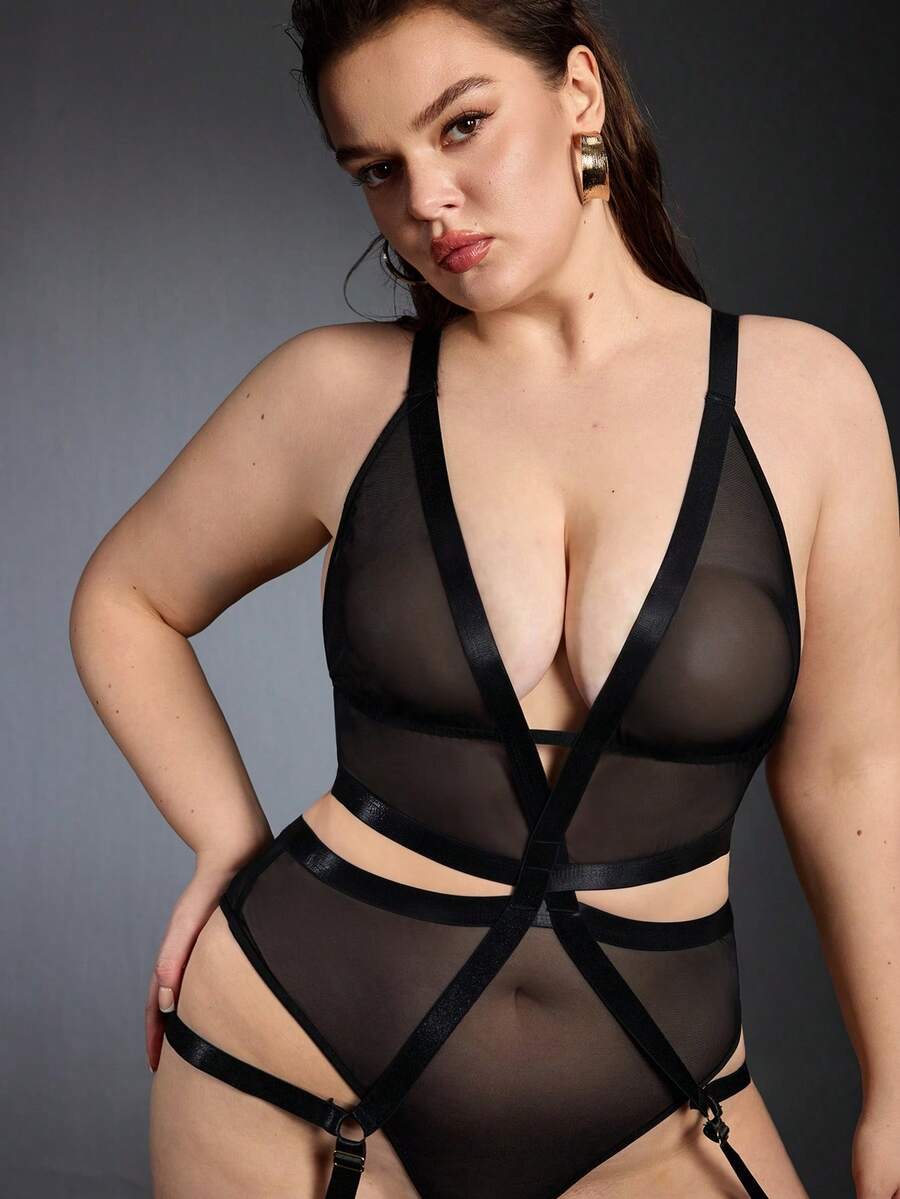 SHEIN 加網細碼無鋼圈性感連體褲,單件式 - 黑色 - 查看 1