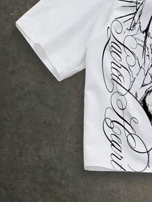 Manfinity ZONE917 Box-Shaped Loose Gothic Virgin Mary Skull Floral Text Print White Allover Print Short Sleeve Shirt, Suitable For Spring/Summer - White - View 4
