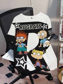 Nick 90s | SHEIN Áo thun nữ cỡ lớn mùa hè, phong cách thường ngày, in hình hoạt hình ngộ nghĩnh, chữ cái và ngôi sao, dáng rộng. - trắng - Xem 6