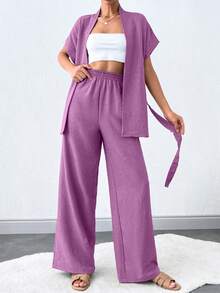SHEIN Tall 女款純色蝙蝠袖繫帶上衣與寬腿褲套裝，適合高個女性 - 藕粉色 - 查看 4