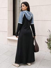 Solavon Women's Casual Contrast Piping Slant Pocket Zipper Front Hooded Arabian Modest Long Sleeve Dress Sporty Dresshooded Dress Black - Black - View 2