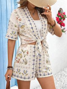 Vivid Eden Women's Summer Boho Tropical Floral Print 2 Pieces Set Open Front Kimono Top And Drawstring Shorts Outfits Beige Beach Vacation Holiday Outfits - Apricot - View 7