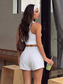WanderVale 2pcs Women Solid Color Casual Yoga Fitness Running Sports Vest And Shorts Set - White - View 5
