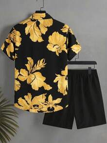 Oro Vacation Men's Black Summer Boho Beach Holiday Floral Print Short Sleeve Shirt And Drawstring Waist Shorts Outfit,Hawaii Tropical Vacation Swim Bathing Set - Multicolor - View 5