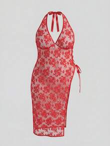 Spicy Aura Vestido largo transparente de talla grande con encaje, parches, abertura alta, cruzado y escote profundo en V - Rojo - Ver 1