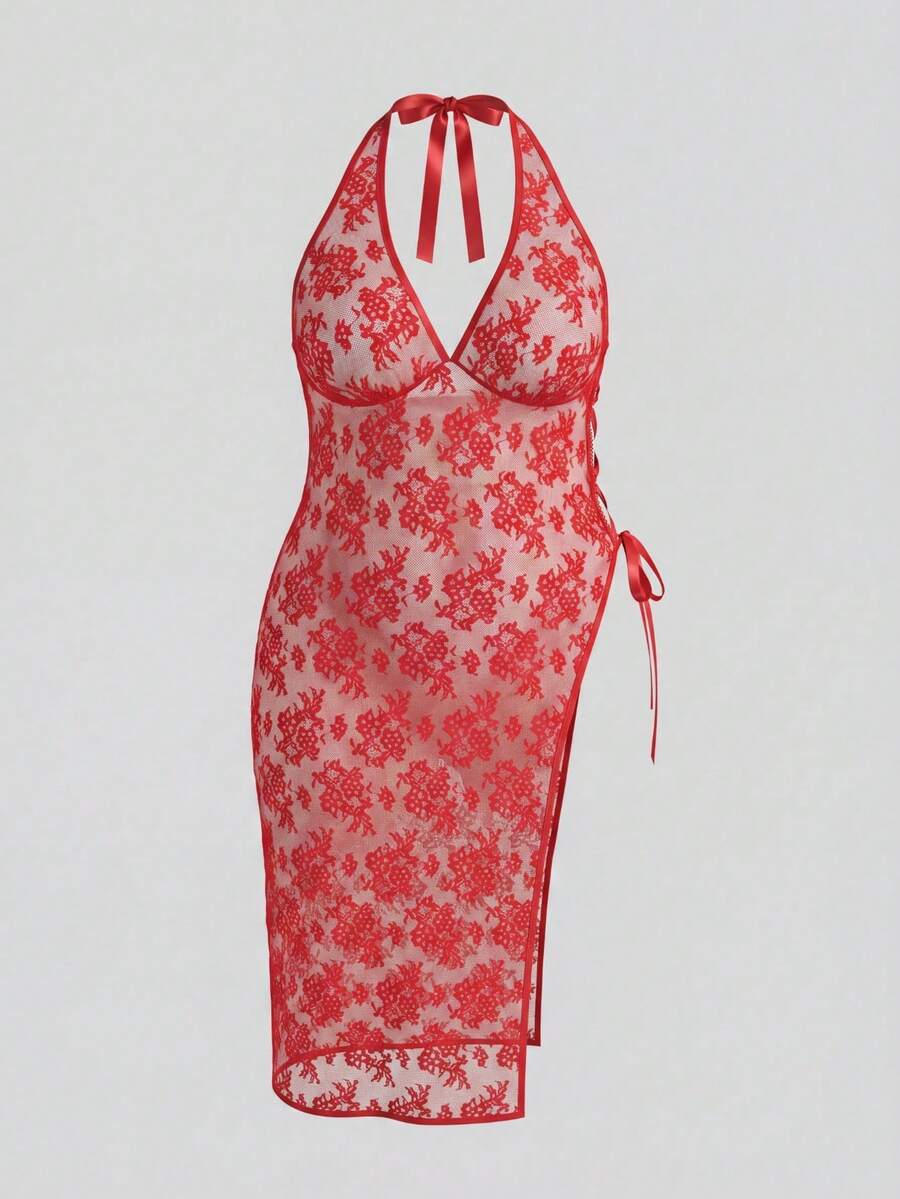 Spicy Aura Vestido largo transparente de talla grande con encaje, parches, abertura alta, cruzado y escote profundo en V - Rojo - Ver 1