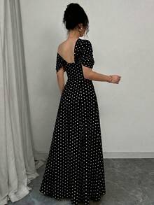 SHEIN Elenzya 不对称肩部褶皱腰身A字型优雅浪漫连衣裙 - 黑與白 - 查看 2