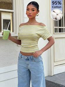 Muchica Lässiges, minimalistisches Damen T-Shirt aus Baumwolle mit gelb-grauen Streifen, geeignet für Frühling & Sommer, schmeichelhaft - Weiss - Übersicht 4