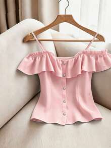 GlowEve CURVE Elegant Ruffled Off Shoulder Blouse For Plus Size Women - Dusty Pink - View 6