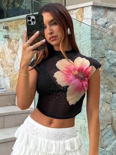 Aloruh Women's Summer New Black Elegant Sexy Cute Y2K Baddie Yellow Floral Beach Vacation Casual Date High Neck Cap Sleeve Fitted Waist Casual T-Shirt
