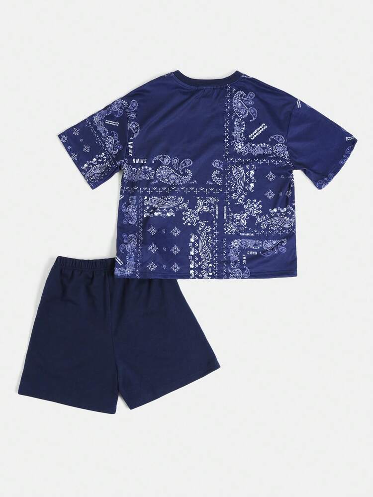 Tween Boys Navy Paisley Printed Bandana Pattern Co-Ord Set Short Sleeve Crew Neck Tee And Matching Shorts Summer Casual