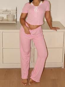Lowkey Lull Conjunto de pijama de mujer de punto a rayas jacquard de estilo casual - Rosa - Ver 6