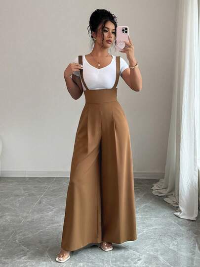 Elenzga Bộ jumpsuit ống rộng xếp ly đa năng dành cho nữ