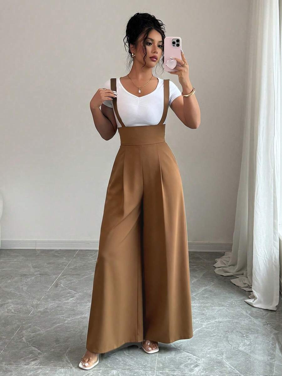 Elenzga Bộ jumpsuit ống rộng xếp ly đa năng dành cho nữ - màu nâu - Xem 1