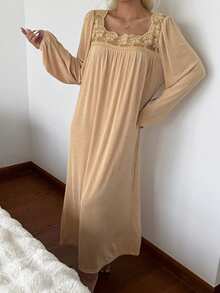 DAZY Camisón de mujer cómodo y delicado con patchwork de encaje, pijama de estar en casa - Camel - Ver 5