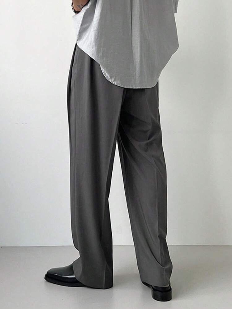 Long Solid Gray Formal Suit Pants For Men
