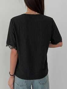 DAZY Women's Summer Round Neck Short Sleeve Lace Patchwork Casual Pullover T-Shirt - Black - View 3