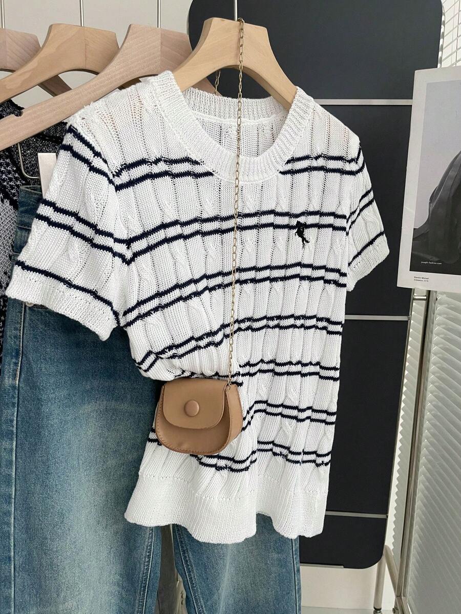 Resyla Women's Regular Crew Neck Short Sleeve Knit Top - Blue and White - View 1