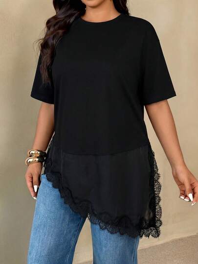 Auralis Plus Size Women's Solid Color Round Neck Short Sleeve Asymmetric Hem Casual T-Shirt Black T-Shirt For Women Casual Going Out T-Shirt For Women Lace Trim T-Shirt For Women