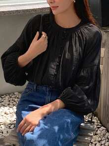 DAZY 女士宽松开衫，商务休闲校服衬衫 - 黑色 - 查看 2