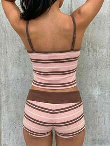SHEIN EZwear 女士条纹露脐吊带背心和短裤两件套 - 彩色 - 查看 2