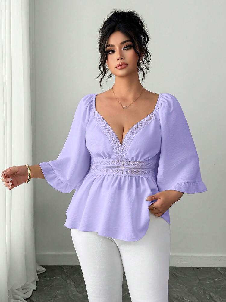 Elenzga Áo kiểu nữ cỡ lớn màu trơn cổ tim ren tan trong nước tay loe buộc nơ sau lưng dáng chữ A thời trang thanh lịch kiểu Pháp lãng mạn thường ngày đi nghỉ mát du lịch hẹn hò đi biển mùa xuân hè - Màu tím hoa cà - Xem 3