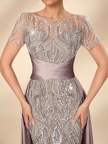 Serin Women's Elegant Luxurious Beaded Embroidered Satin Splice Round Neck Short Sleeve Fishtail Dress,Hot Pink Sequin,Winter,Formal,Wedding Bridal Mother - Champagne - View 8