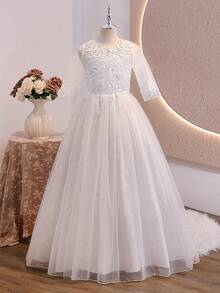 Đầm dạ hội cao cấp cho bé gái, đầm công chúa dự đám cưới cho bé gái, đầm biểu diễn piano, đầm voan dài cho bé gái làm MC. - trắng - Xem 6