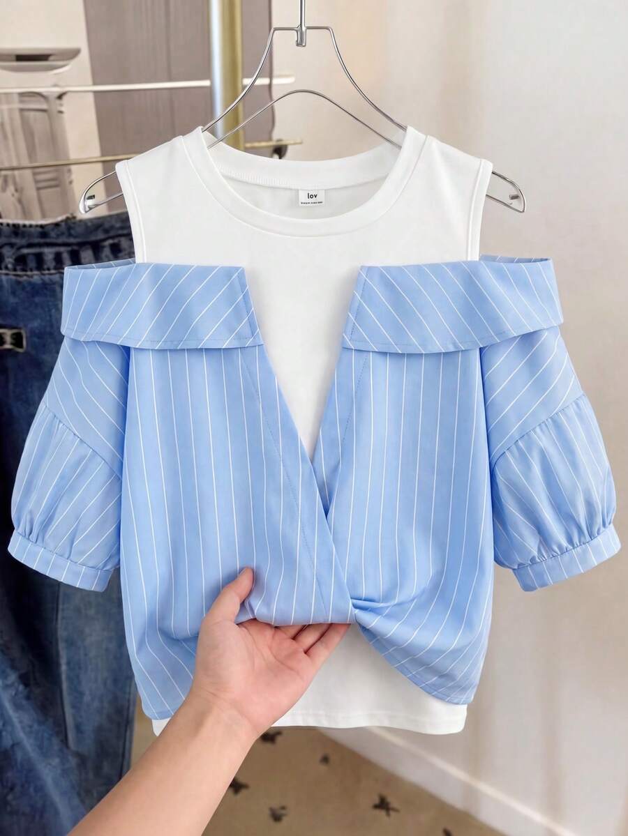 Elladie kids Tween Girl Striped 2 In 1 Casual Versatile Everyday Shirt - Blue - View 1