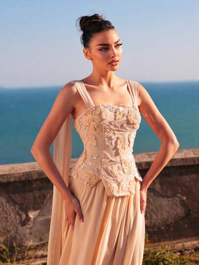 Aureia Elegant Luxury Square Collar Ribbon Embroidered 3D Beaded Embroidery Boned Waist Chiffon Pleated Hem Women's Formal Evening Gown