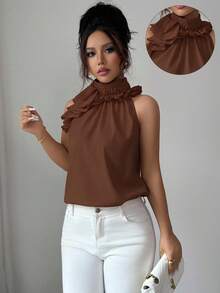 Balvessa Blus Tanpa Lengan dengan Lipatan dan Kerutan, Kemeja Wanita Warna Polos yang Elegan dan Berkelas - Coffee Brown - View 5